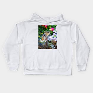 Tiny chipmunk in a basket of flowers Kids Hoodie